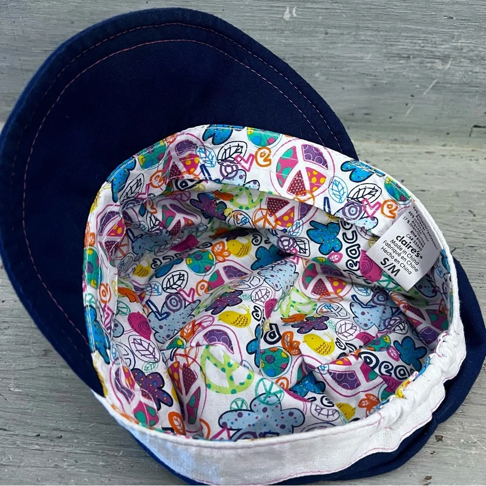 Claire’s Navy Blue Embroidered Front‎ Newsboy Cap Hat Size S/M Good Condition